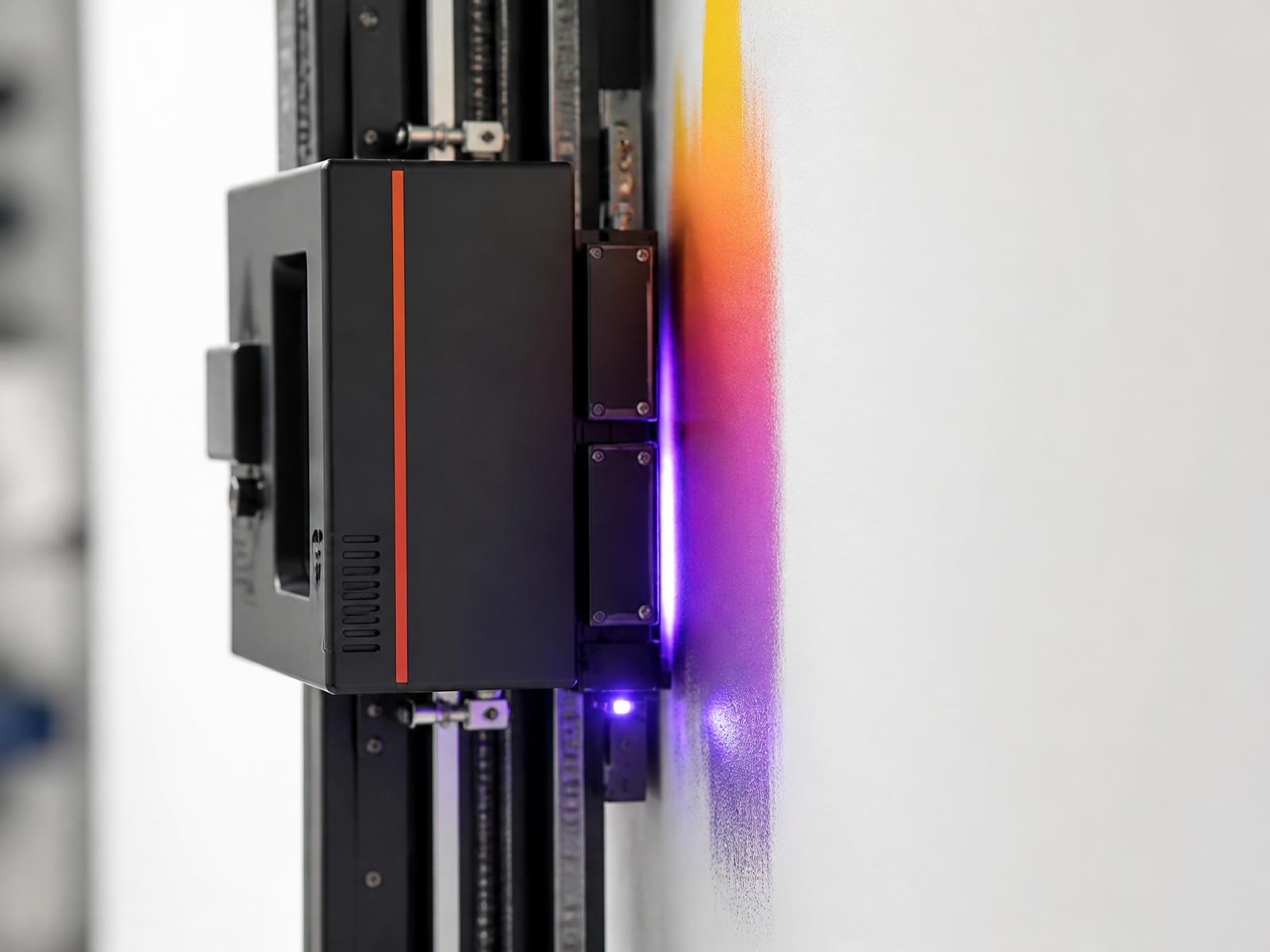 Tête d'impression UV déposant l'encre à quelques millimètres d'un mur lisse