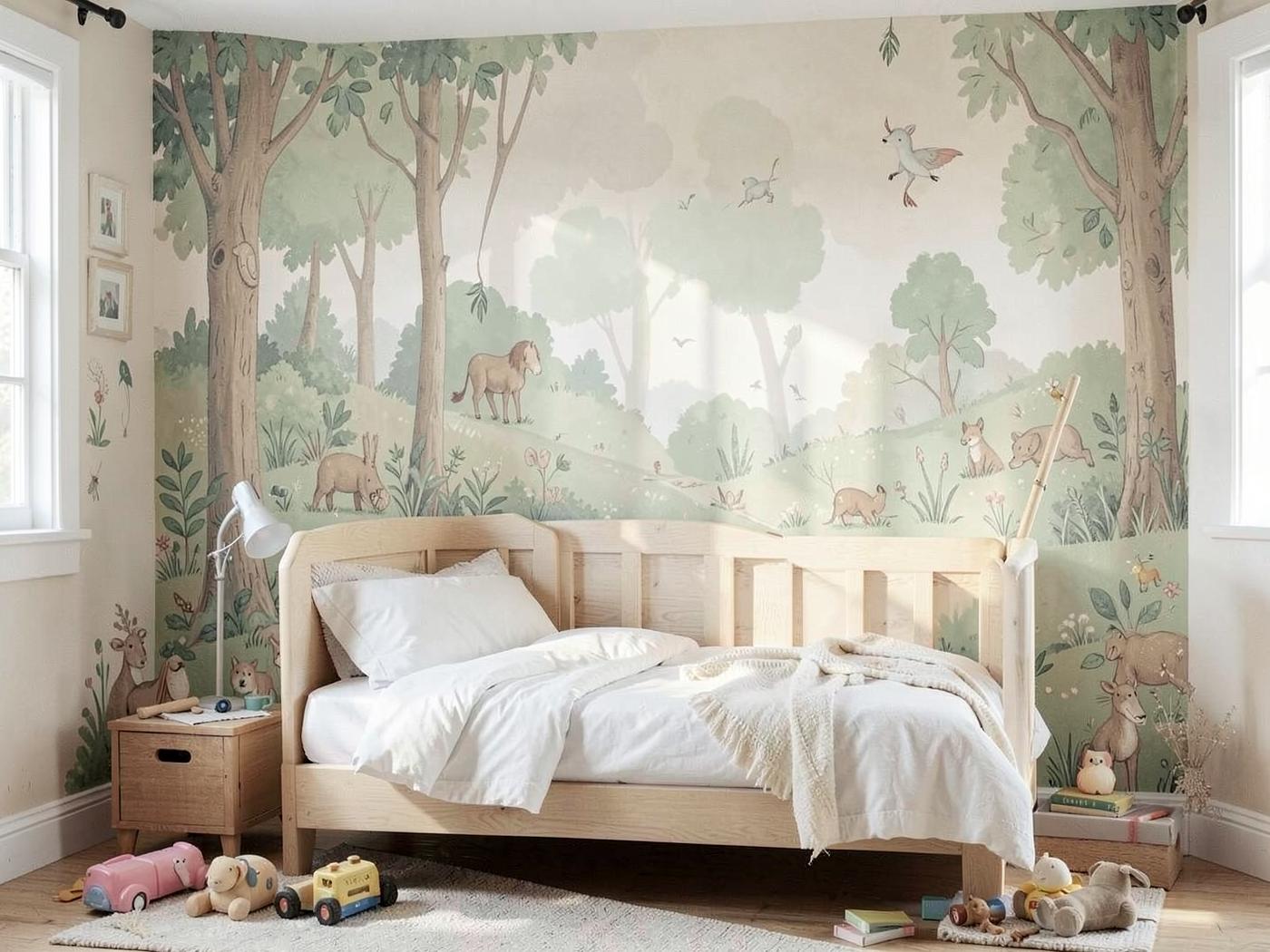 Chambre d'enfant avec décor forestier imprimé sur le mur
