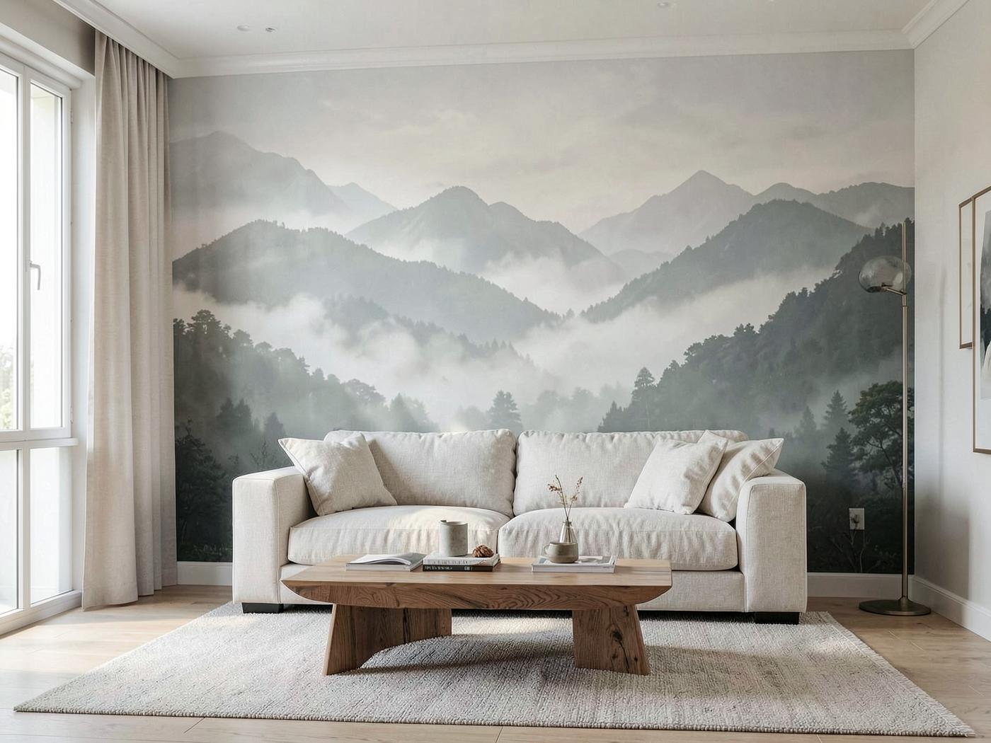Salon avec un grand paysage panoramique imprimé directement sur le mur